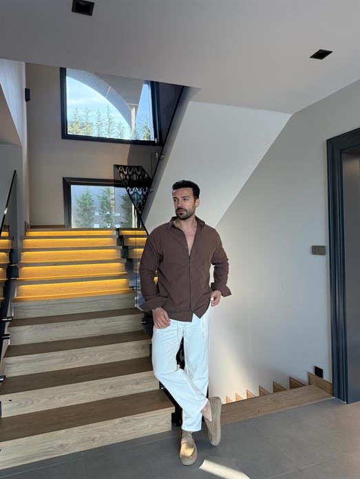 Kahve Flex Keten Pamuk Oversize Gömlek SNZ 1330