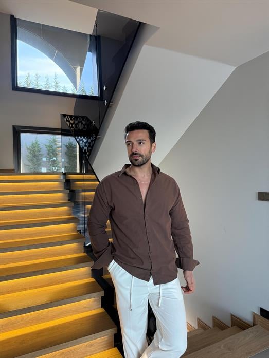 Kahve Flex Keten Pamuk Oversize Gömlek SNZ 1330