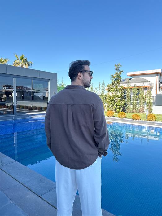 Kahve Göğüs Cepli Ham Keten Oversize Gömlek PNC 2550