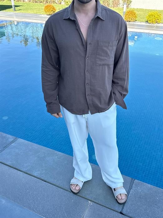 Kahve Göğüs Cepli Ham Keten Oversize Gömlek PNC 2550