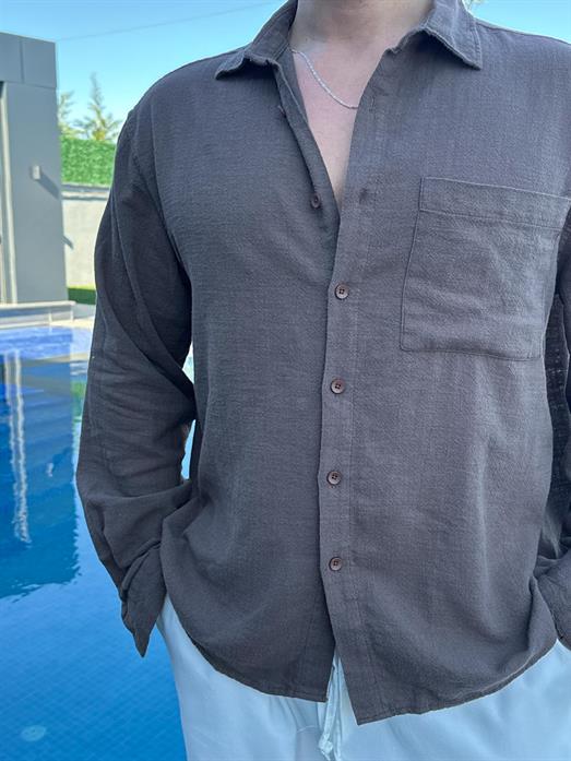 Kahve Göğüs Cepli Ham Keten Oversize Gömlek PNC 2550