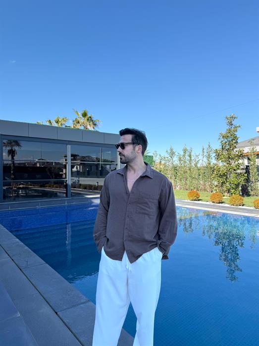 Kahve Göğüs Cepli Ham Keten Oversize Gömlek PNC 2550