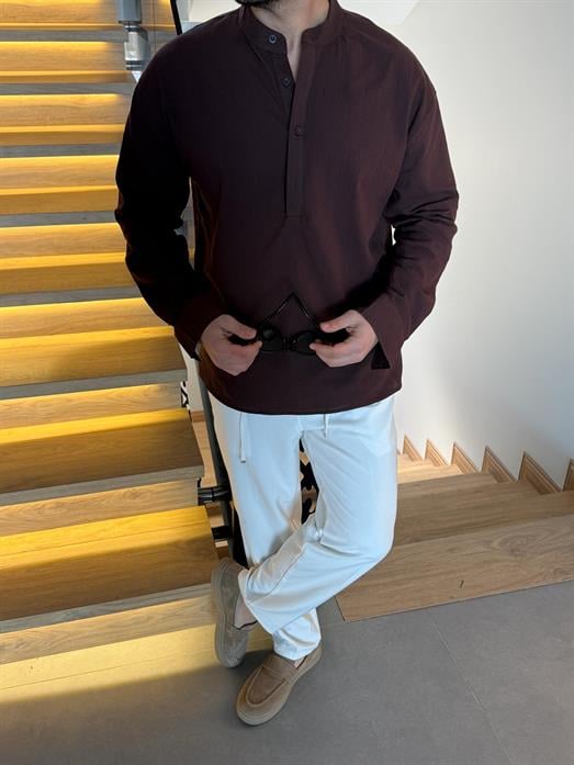 Kahve Hakim Yaka Yarım Düğmeli Pamuk Keten Gömlek SNZ 1010