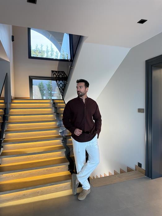Kahve Hakim Yaka Yarım Düğmeli Pamuk Keten Gömlek SNZ 1010