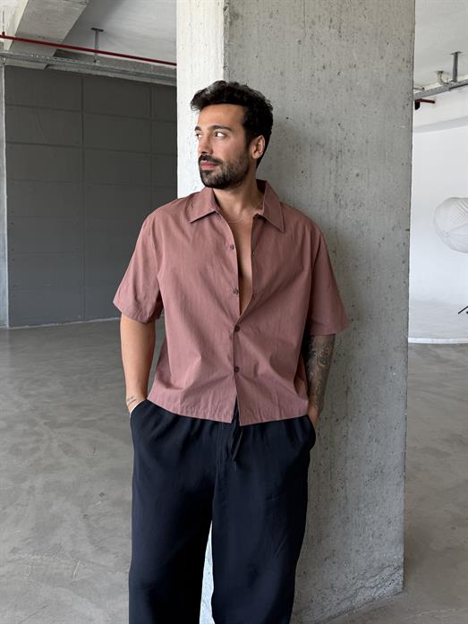 Kahve Kısa Kol Pamuk Basic Boxy Gömlek PNC 2580