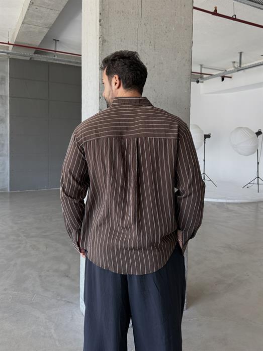 Kahve Refluge Nakış Çizgili Pamuk Boxy Gömlek PNC 2554
