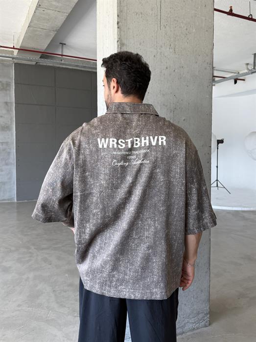 Kahve WRSTB Baskılı Kısa Kol Gömlek PNC 2477