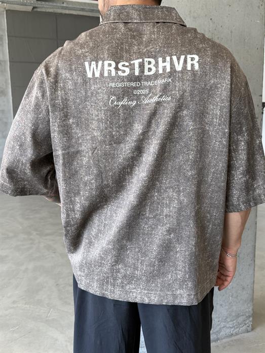 Kahve WRSTB Baskılı Kısa Kol Gömlek PNC 2477
