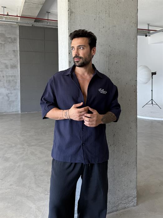 Lacivert Berlin Nakış Pamuk Gömlek PNC 2489