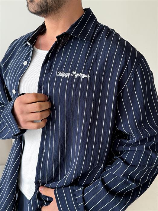 Lacivert Çizgili Oversize Nakışlı Gömlek PNC 2554