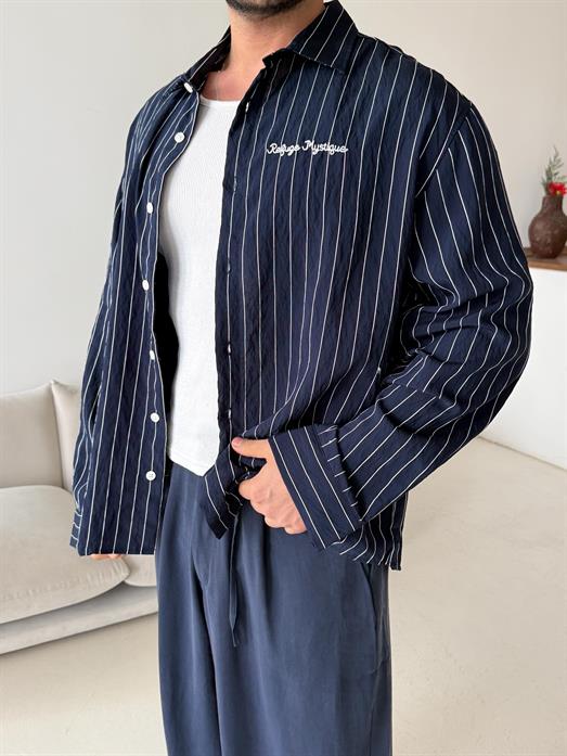 Lacivert Çizgili Oversize Nakışlı Gömlek PNC 2554