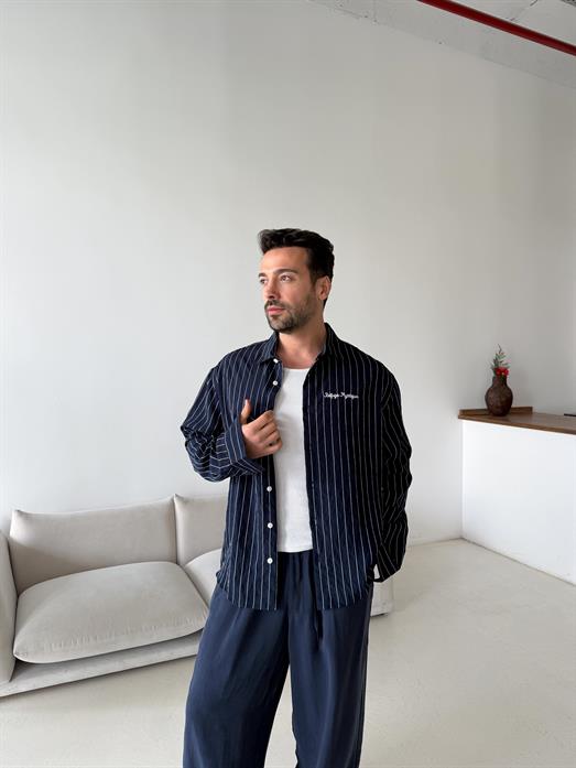 Lacivert Çizgili Oversize Nakışlı Gömlek PNC 2554