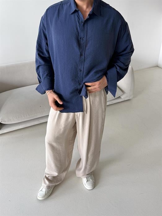 Lacivert Düz Krinkıl Detaylı Oversize Gömlek PLZ 26309