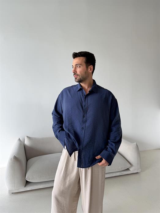 Lacivert Düz Krinkıl Detaylı Oversize Gömlek PLZ 26309