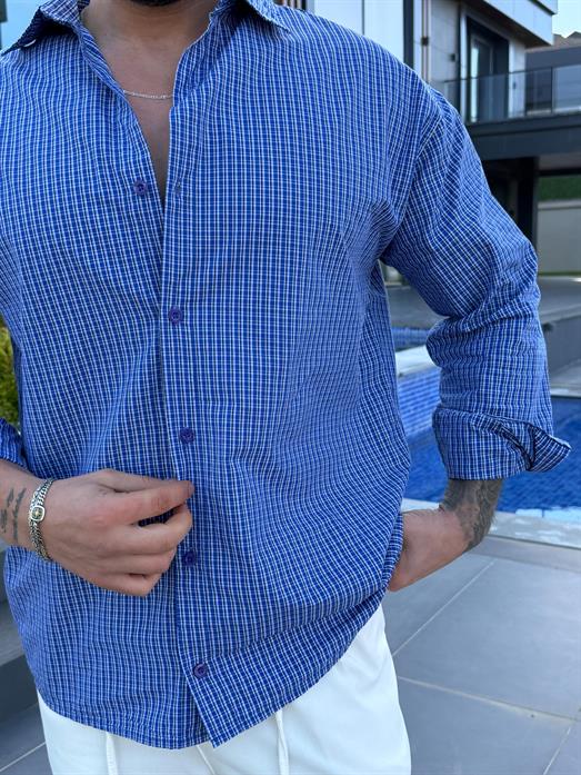 Lacivert Ekoseli Oversize Pamuk Gömlek SNZ 1312