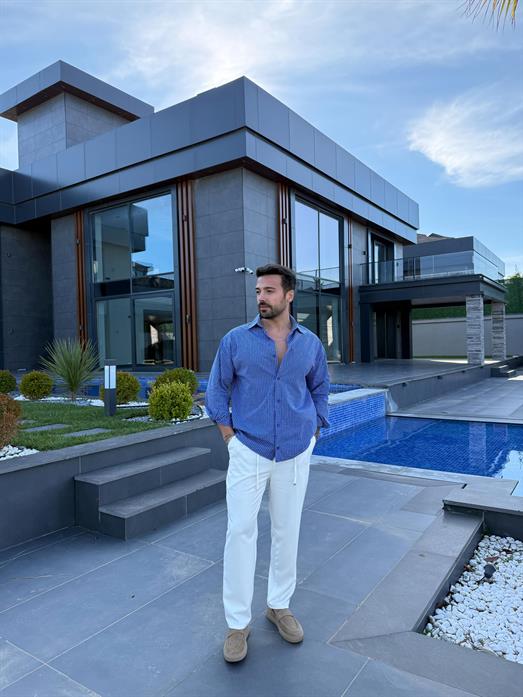 Lacivert Ekoseli Oversize Pamuk Gömlek SNZ 1312