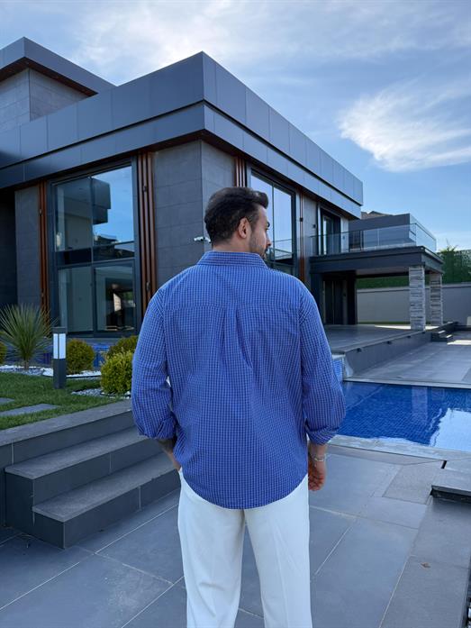 Lacivert Ekoseli Oversize Pamuk Gömlek SNZ 1312