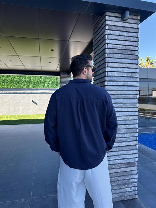 Lacivert Göğüs Cepli Ham Keten Oversize Gömlek PNC 2550