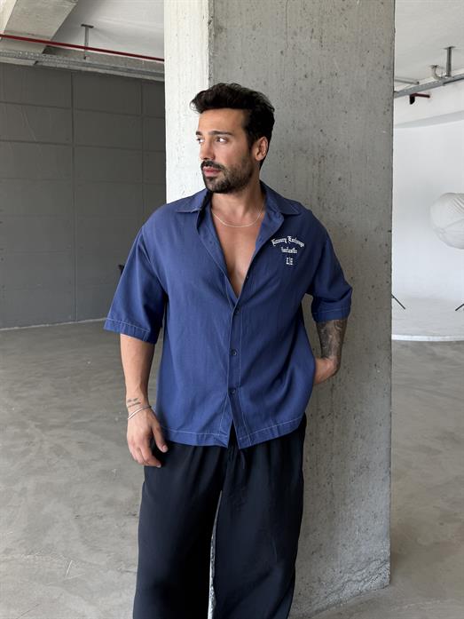 Lacivert Göğüs Nakışlı Pamuk Boxy Gömlek PNC 2485