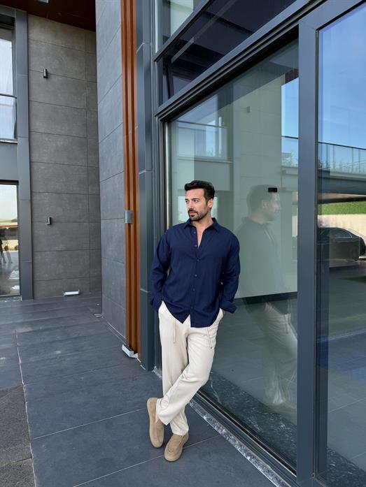 Lacivert Krinkıl Pamuk Oversize Gömlek SNZ 1003