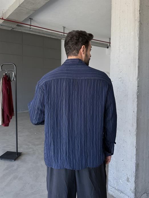 Lacivert Roba Detaylı Pamuk Çizgili Gömlek PNC 2537