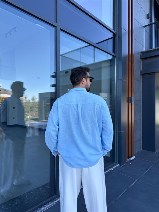 Mavi Göğüs Cepli Ham Keten Oversize Gömlek PNC 2550