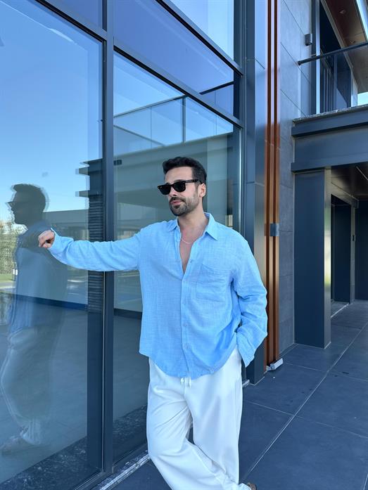 Mavi Göğüs Cepli Ham Keten Oversize Gömlek PNC 2550