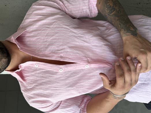 Pembe Çizgili Keten Kısa Kol Gömlek PNC 2594