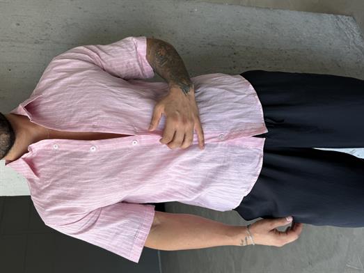 Pembe Çizgili Keten Kısa Kol Gömlek PNC 2594