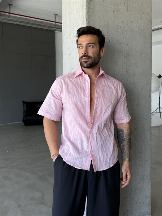 Pembe Çizgili Keten Kısa Kol Gömlek PNC 2594