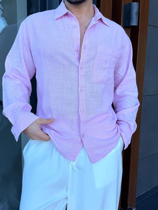 Pembe Göğüs Cepli Ham Keten Oversize Gömlek PNC 2550