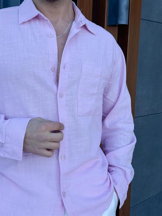 Pembe Göğüs Cepli Ham Keten Oversize Gömlek PNC 2550