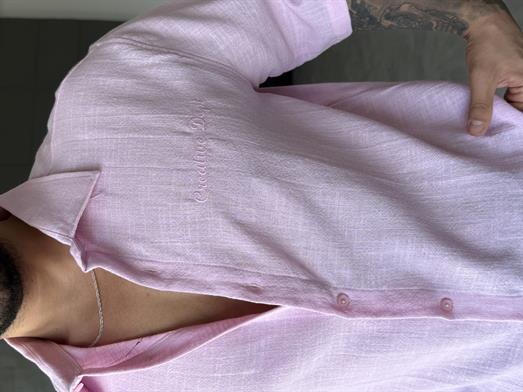 Pembe Keten Kısa Kol Boxy Nakış Gömlek PNC 2573
