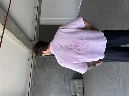 Pembe Keten Kısa Kol Boxy Nakış Gömlek PNC 2573