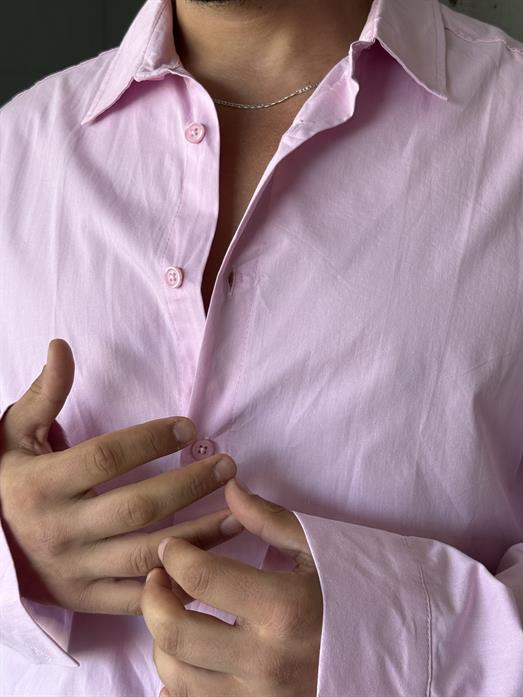 Pembe Poplin Uzun Kol Pamuk Boxy Gömlek PNC 2541