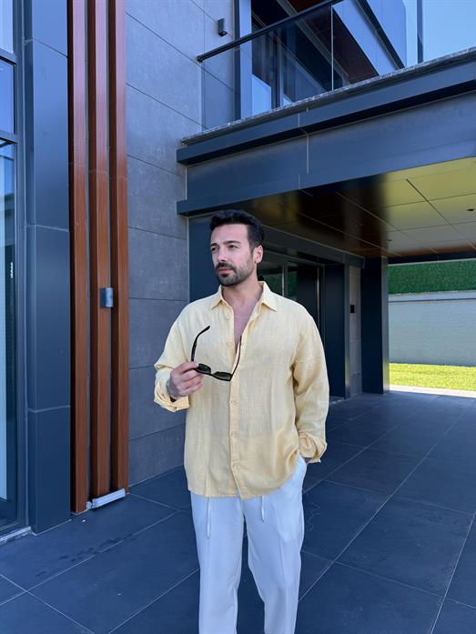 Sarı Etamin Keten Oversize Gömlek PNC 2548