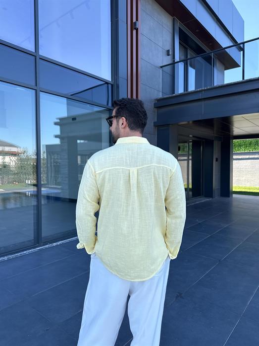 Sarı Göğüs Cepli Ham Keten Oversize Gömlek PNC 2550