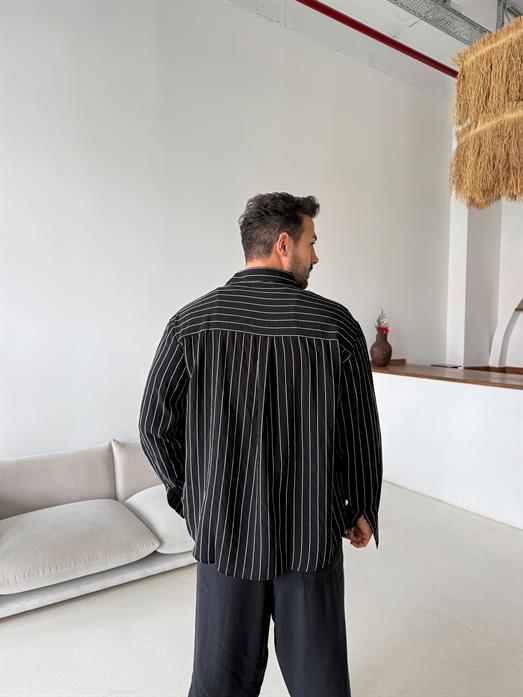 Siyah Çizgili Oversize Nakışlı Gömlek PNC 2554