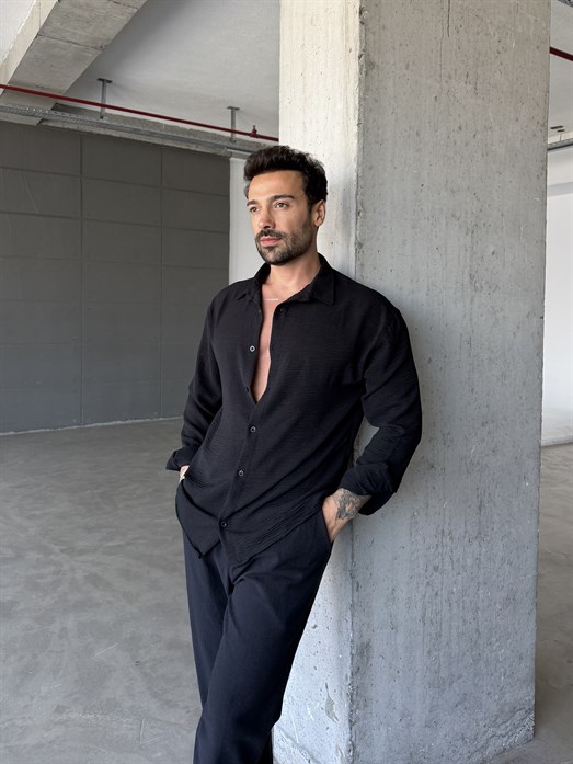 Siyah Dalga Desenli Pamuk Gömlek SNZ 1399