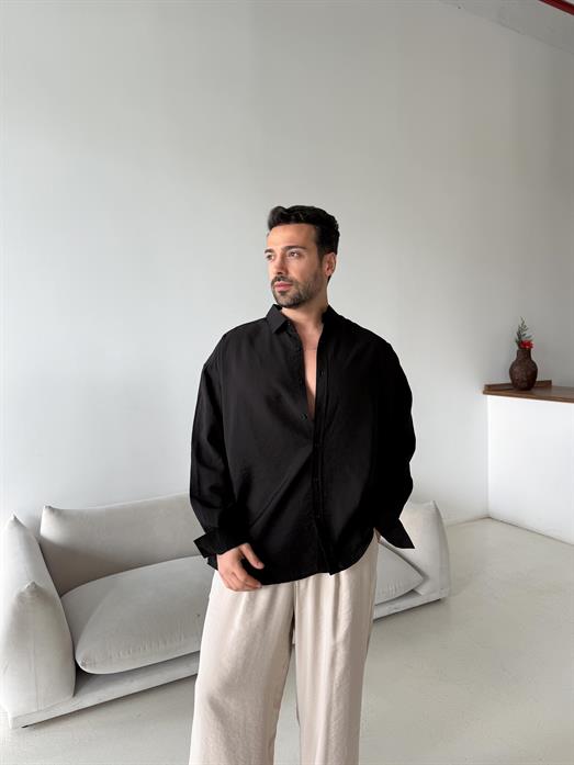 Siyah Düz Krinkıl Detaylı Oversize Gömlek PLZ 26309