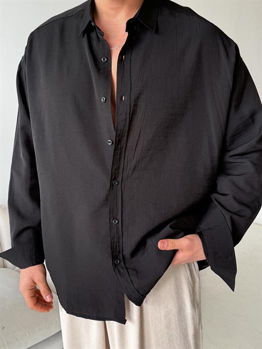 Siyah Düz Krinkıl Detaylı Oversize Gömlek PLZ 26309