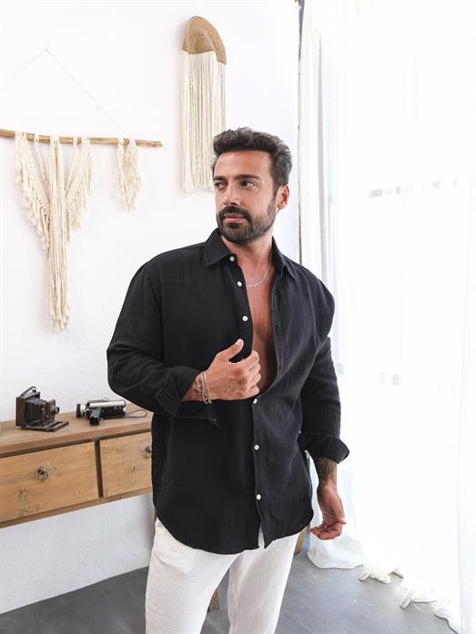 Siyah Düz Oversize Keten Gömlek VS4050