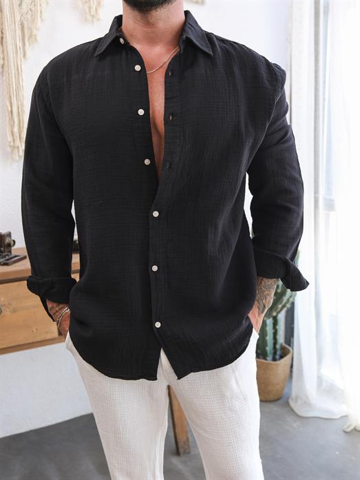 Siyah Düz Oversize Keten Gömlek VS4050
