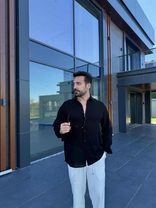 Siyah Etamin Keten Oversize Gömlek PNC 2548