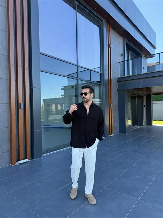 Siyah Etamin Keten Oversize Gömlek PNC 2548