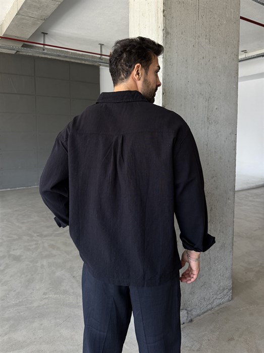 Siyah Göğüs Cepli Ham Keten Gömlek SNZ 1318