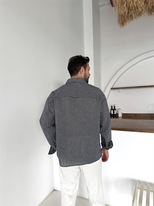 Siyah Keten Çizgili Gömlek 2542 PNC