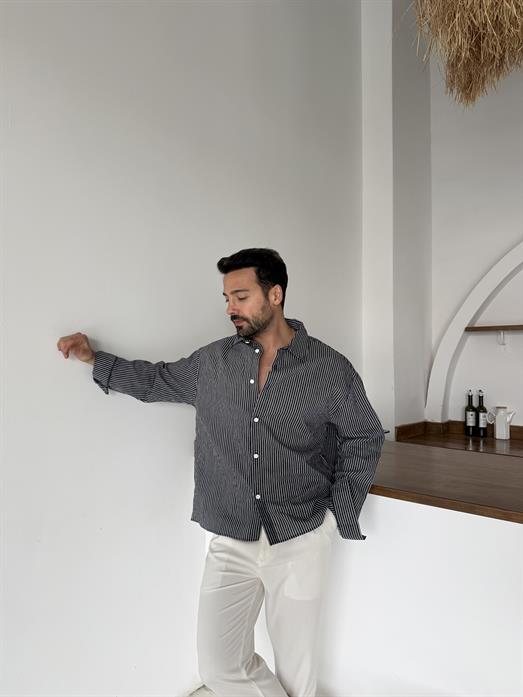 Siyah Keten Çizgili Gömlek 2542 PNC