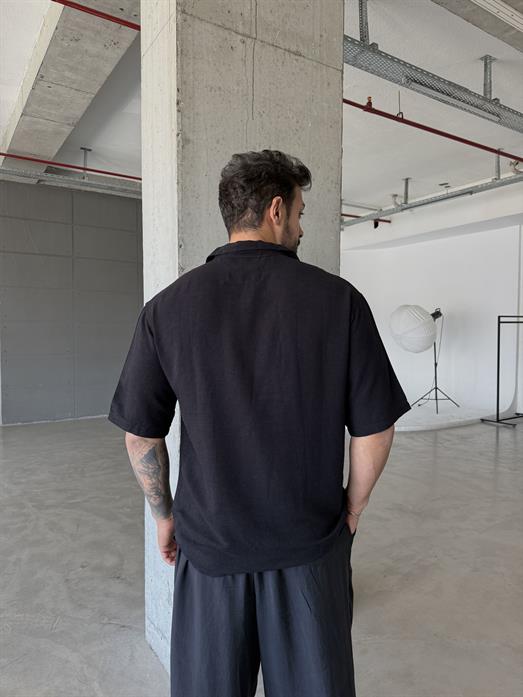 Siyah Kısa Kol Müslin Keten Gömlek PNC 2073