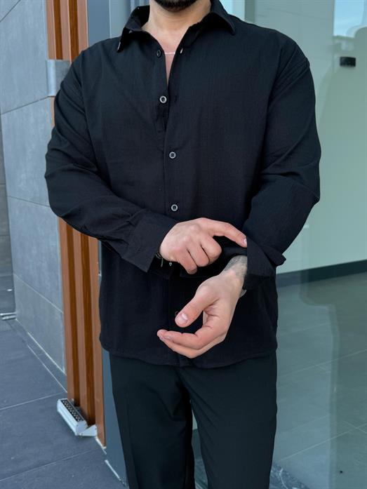 Siyah Krinkıl Pamuk Oversize Gömlek SNZ 1003